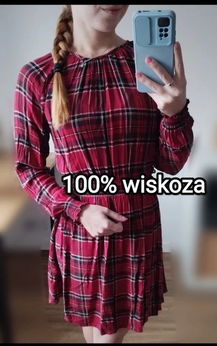 Sukienka z długim rękawem, H&M. czerwona, bordowa, w kratę S 36, XS 34