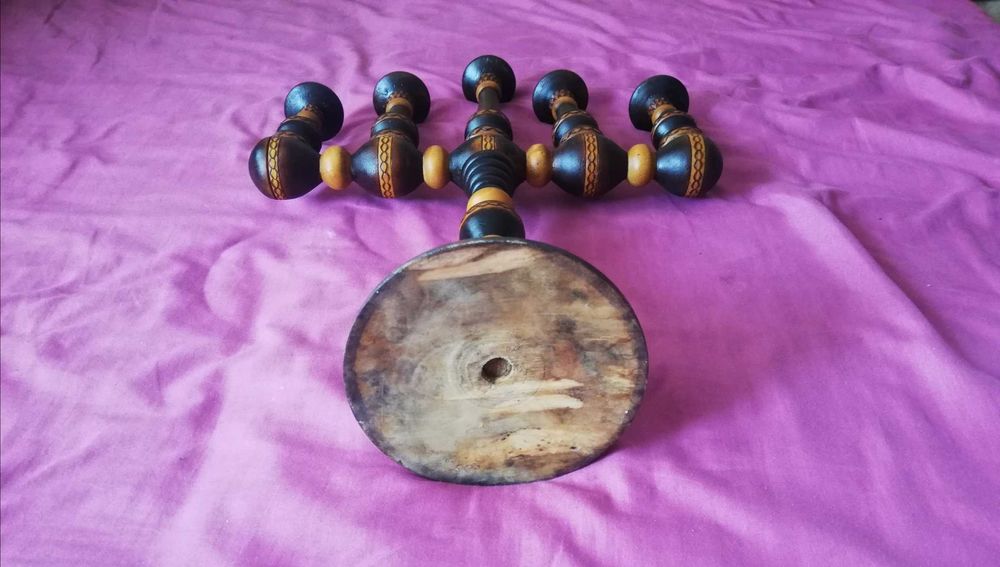 PRL stylowy świecznik 5-ramienny drewniany toczony OKAZJA