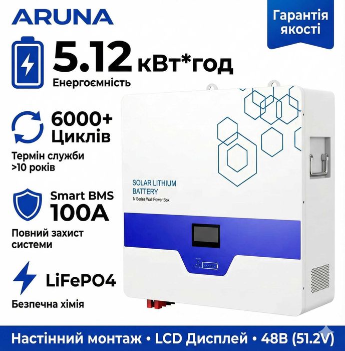 Акумулятор LiFePO4 ARUNA 48V 100Ah (5.12 кВт) BMS 100А 6000 циклів