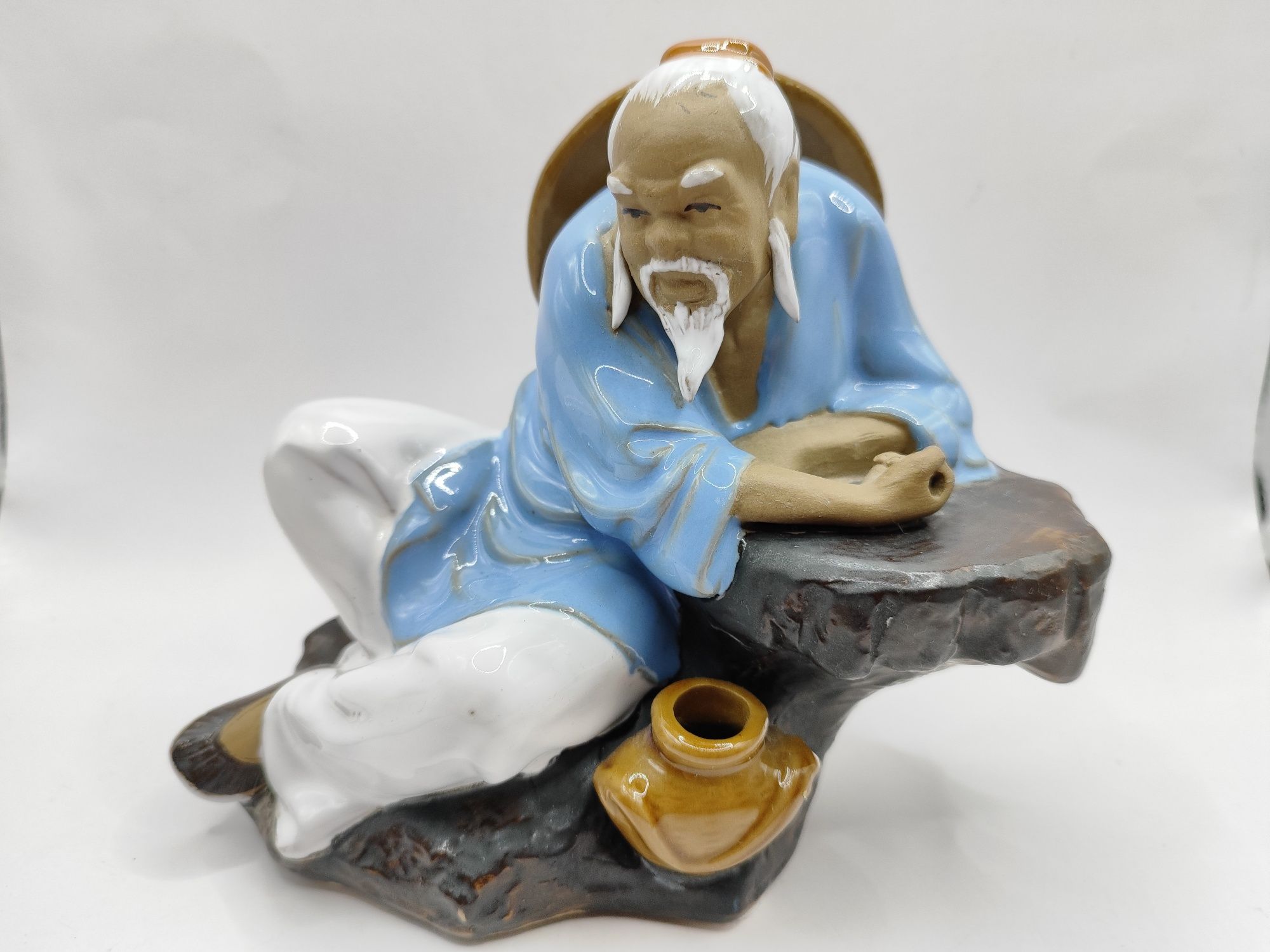 Chińska figurka Mudman rybak mędrzec starzec Shiwan Vintage rękodzieło