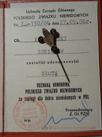 Złota Odznaka Honorowa Polskiego Związku Niewidomych + legitymacja