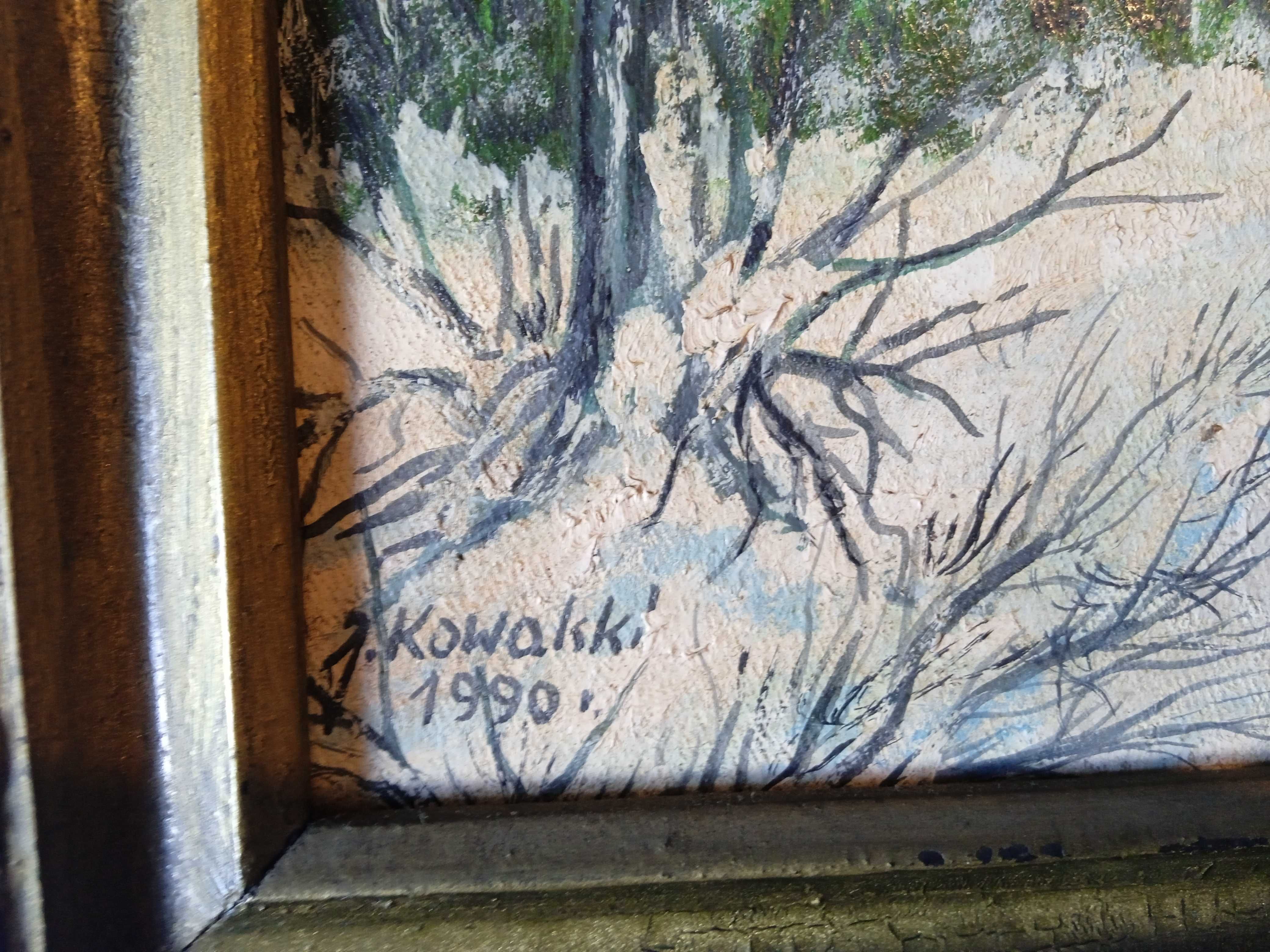 Pejzaż olejny w zdobionej ramce. J. Kowalski, 1990