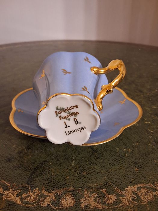 Elegancka filiżanka z talerzykiem – Limoges J.B., ręczne złocenia-cudo