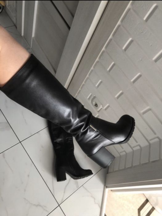 Жіночі шкіряні чоботи-європейська на стійкому підборі р.36