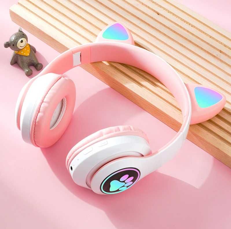 SŁUCHAWKI Dla Dzieci Bezprzewodowe Z Uszami BLUETOOTH RGB Kocie Uszy