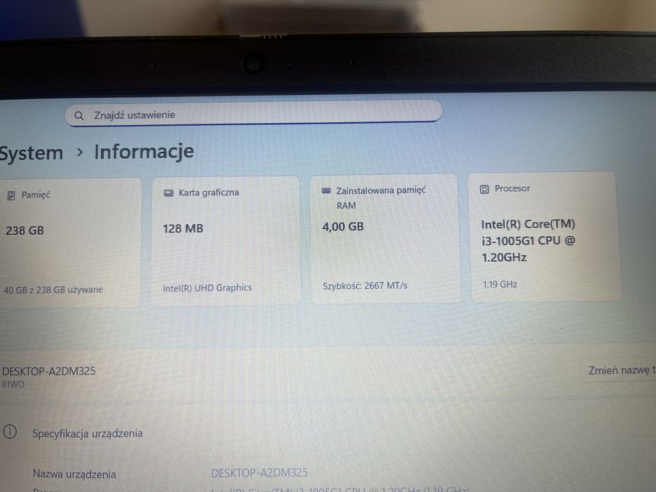 Laptop Lenovo 14IIL05 i3 10GEN / DDR4/ SSD 256 / Win 11