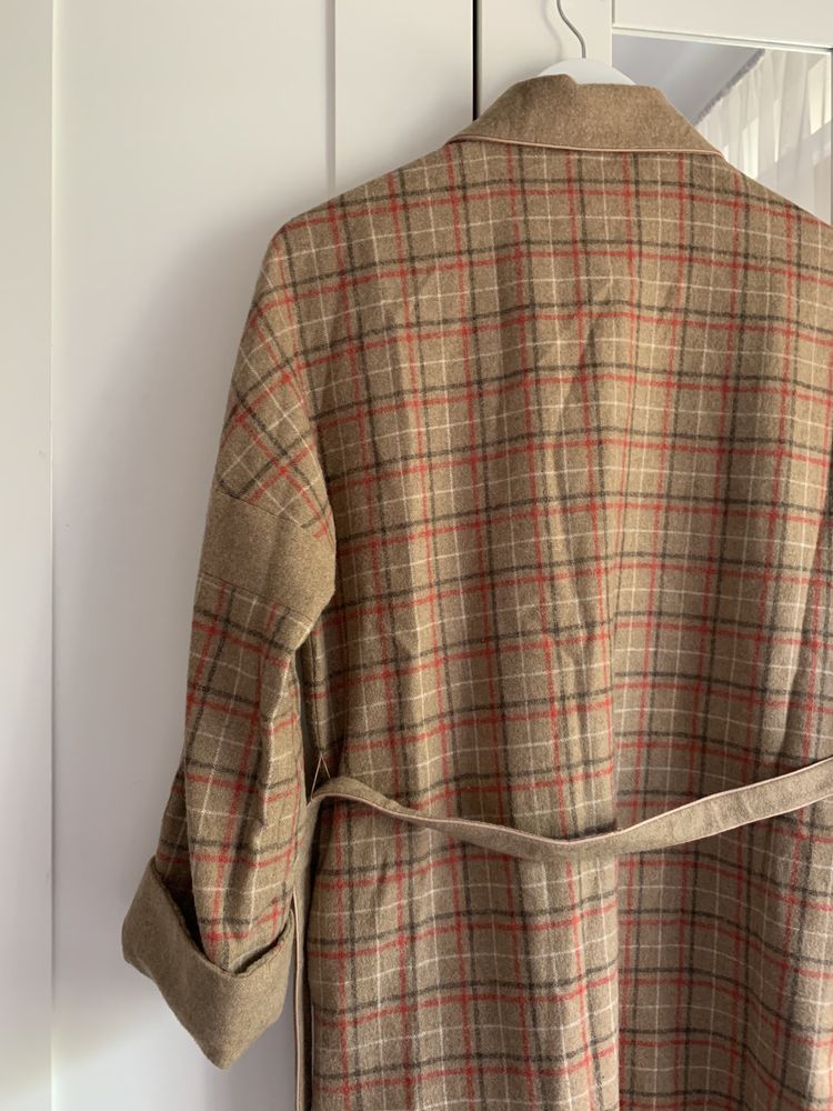Wełniany płaszcz vintage w kratkę rozmiar XS/S