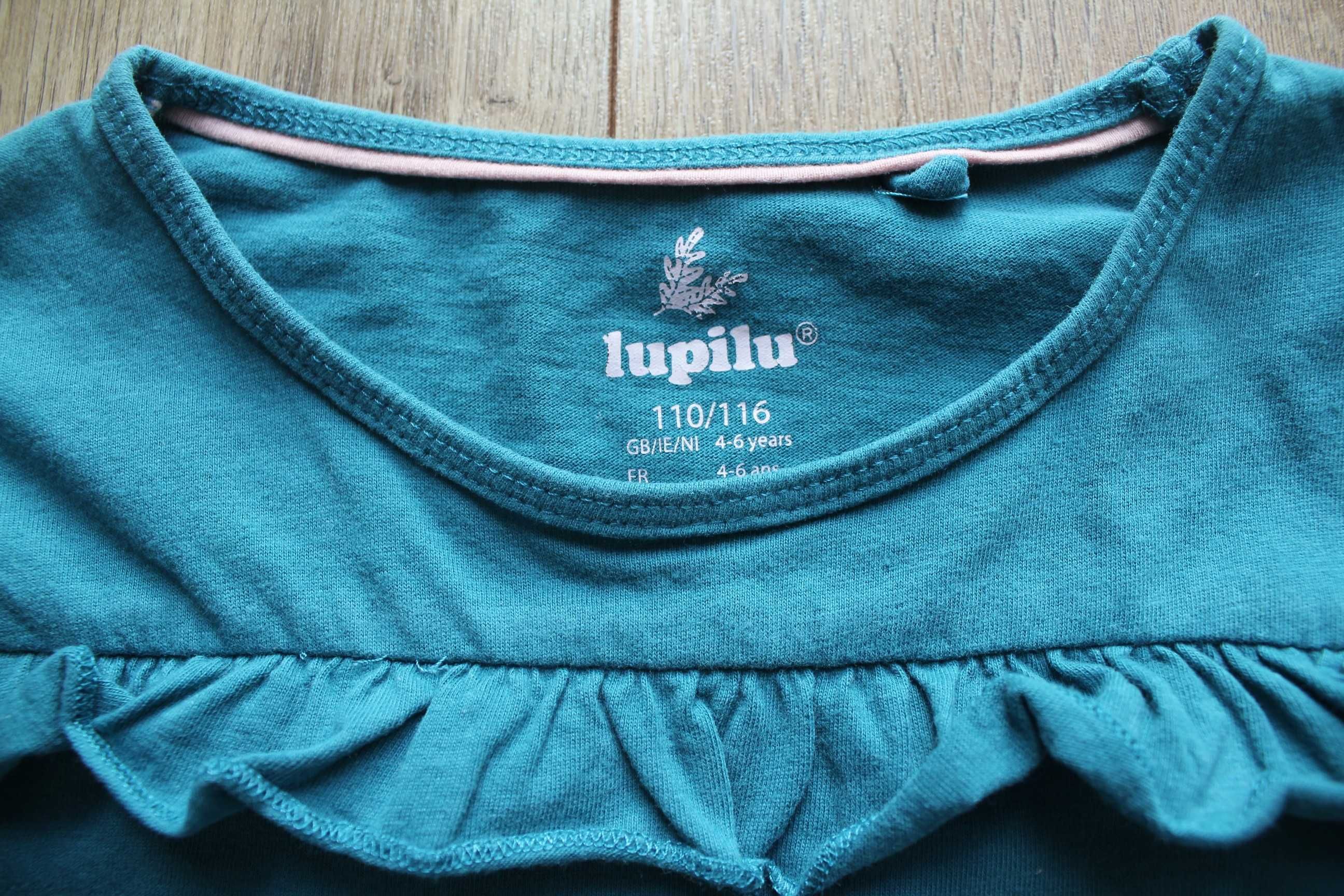 Zielona bawełniana bluzka z falbanką 110/116 Lupilu długi rękaw