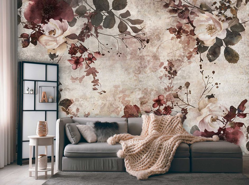 Fototapeta Beż Kwiaty Jesień Brąz Ciemna Do Pokoju Sypialni 3D + KLEJ