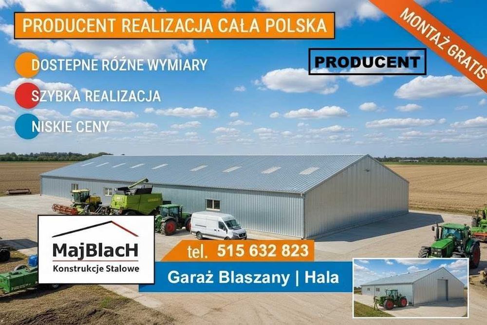 Garaż Blaszany OCYNKOWANY| Konstrukcja Stalowa| Duża Hala - Maj-Blach