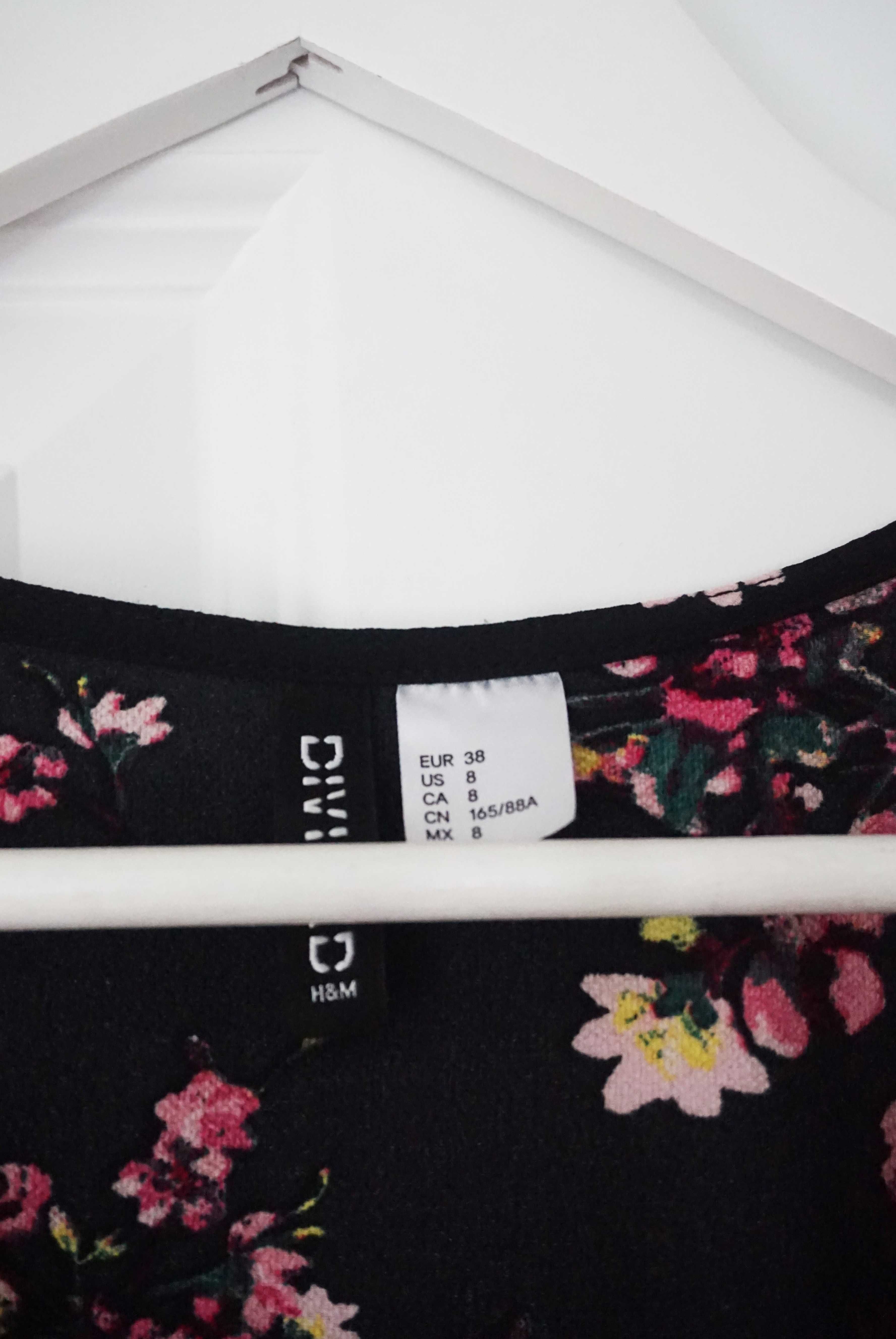 H&M M/38 czarna sukienka kobieca kopertowy dekolt V w kwiaty