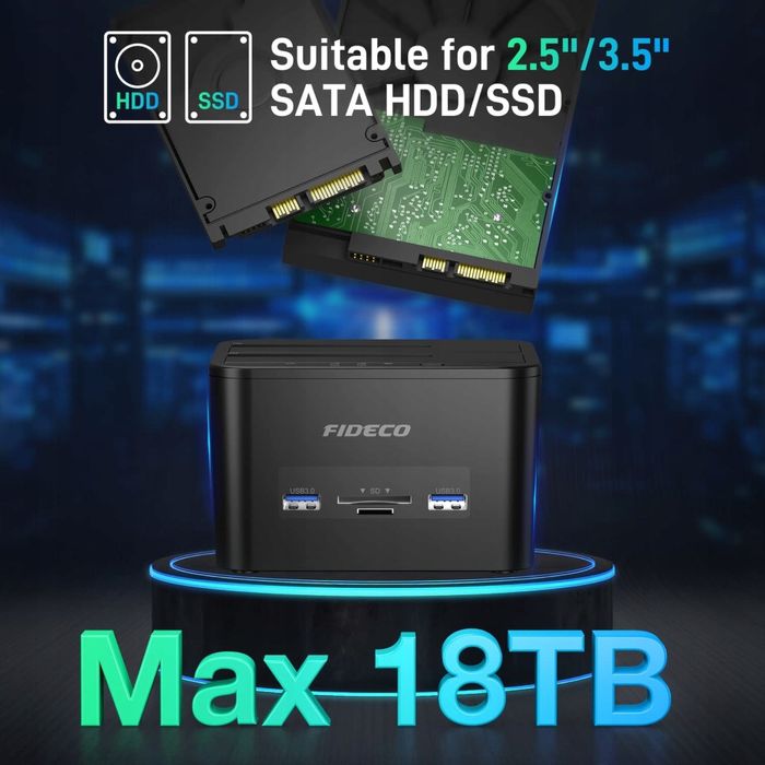 Fideco Stacja Dokująca do Dysków Twardych USB SATA HDD SSD 2 x 18TB
