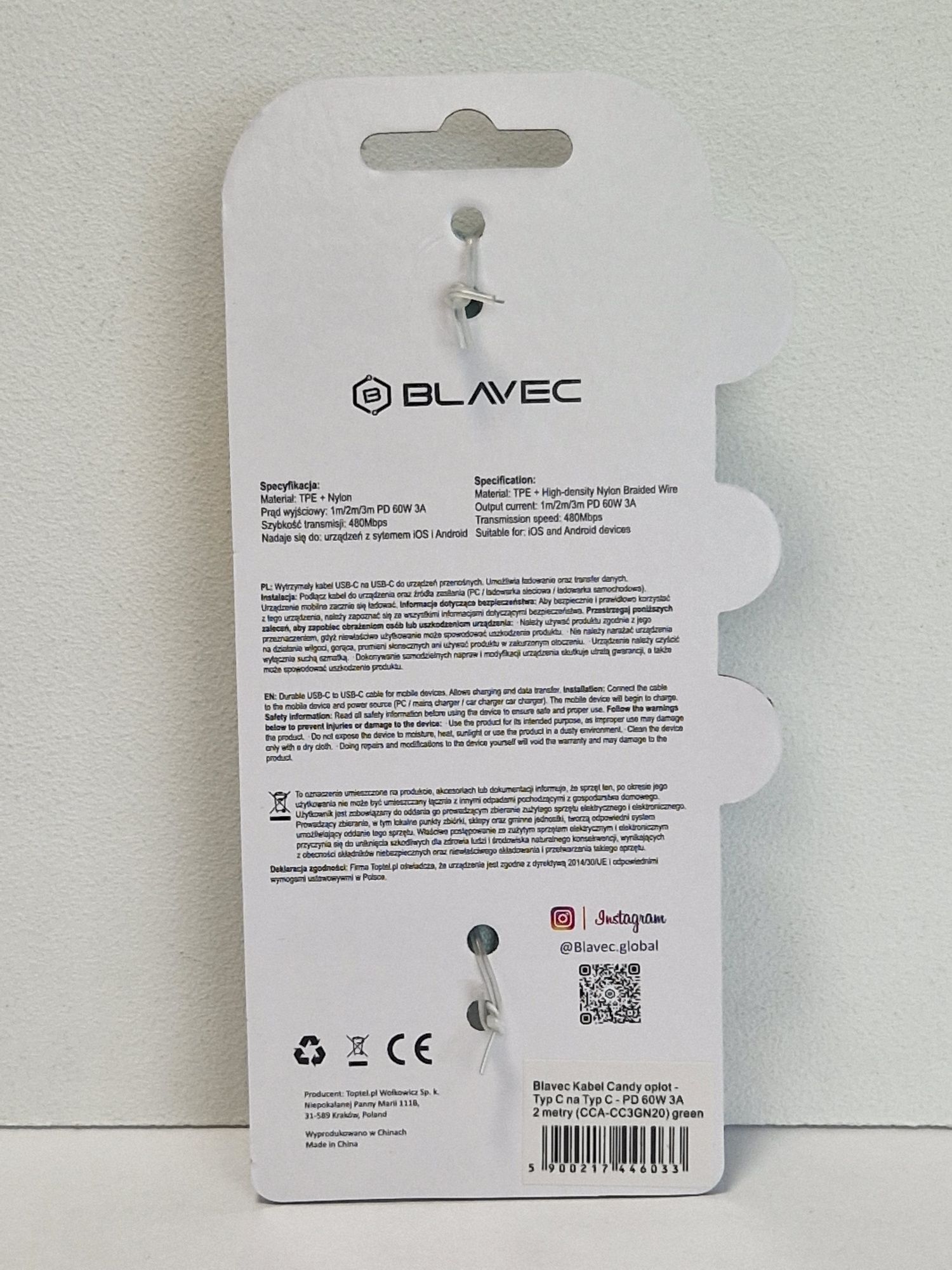 Blavec Kabel Candy oplot - Typ C na Typ C - PD 60W 3A 2 metry Apple