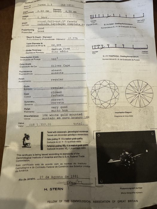 Anel Solitario diamante talhe brilhante H.Stern