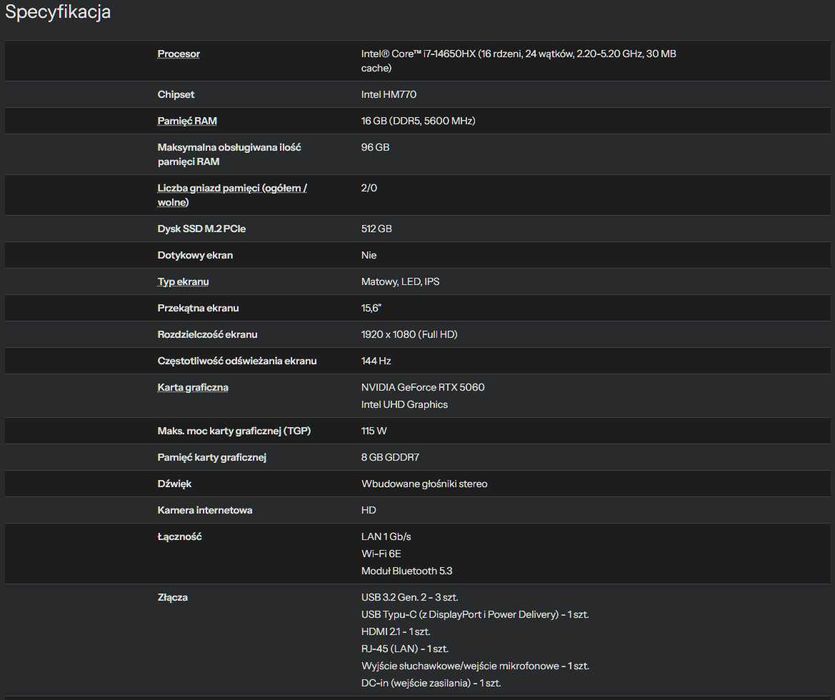 Laptop GAMINGOWY MSI Katana 15 HX - procesor i7, RTX 5060, Windows 11