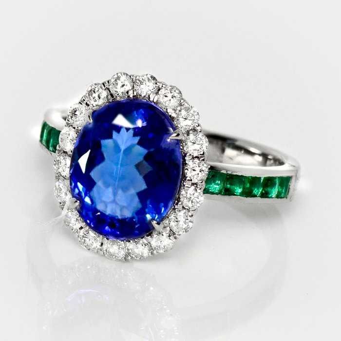 Tanzanit 3,20 ct + Diamenty | 14K Białe złoto Pierścionek zaręczynowy