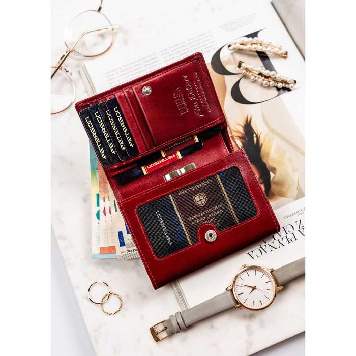 PETERSON portfel damski skórzany elegancki z biglem P224 czerwony