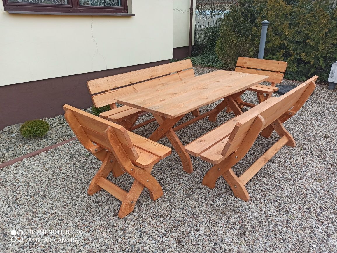Komplet mebli ogrodowych zestaw ogrodowy drewniany stol lawki