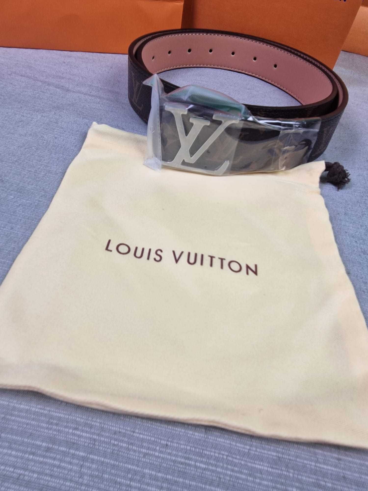 Pasek unisex skórzany klamra Louis Vuitton komplet pudełko LV