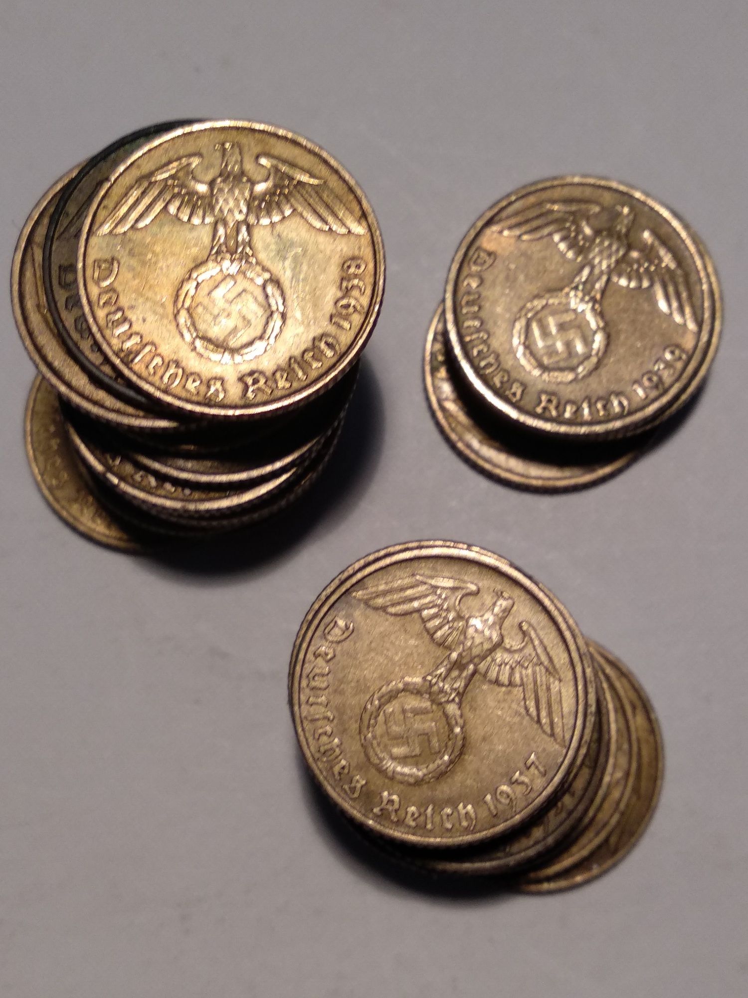 Moedas de 5 Reichspfennig 1937, 1938 e 1939 Alemanha com suástica