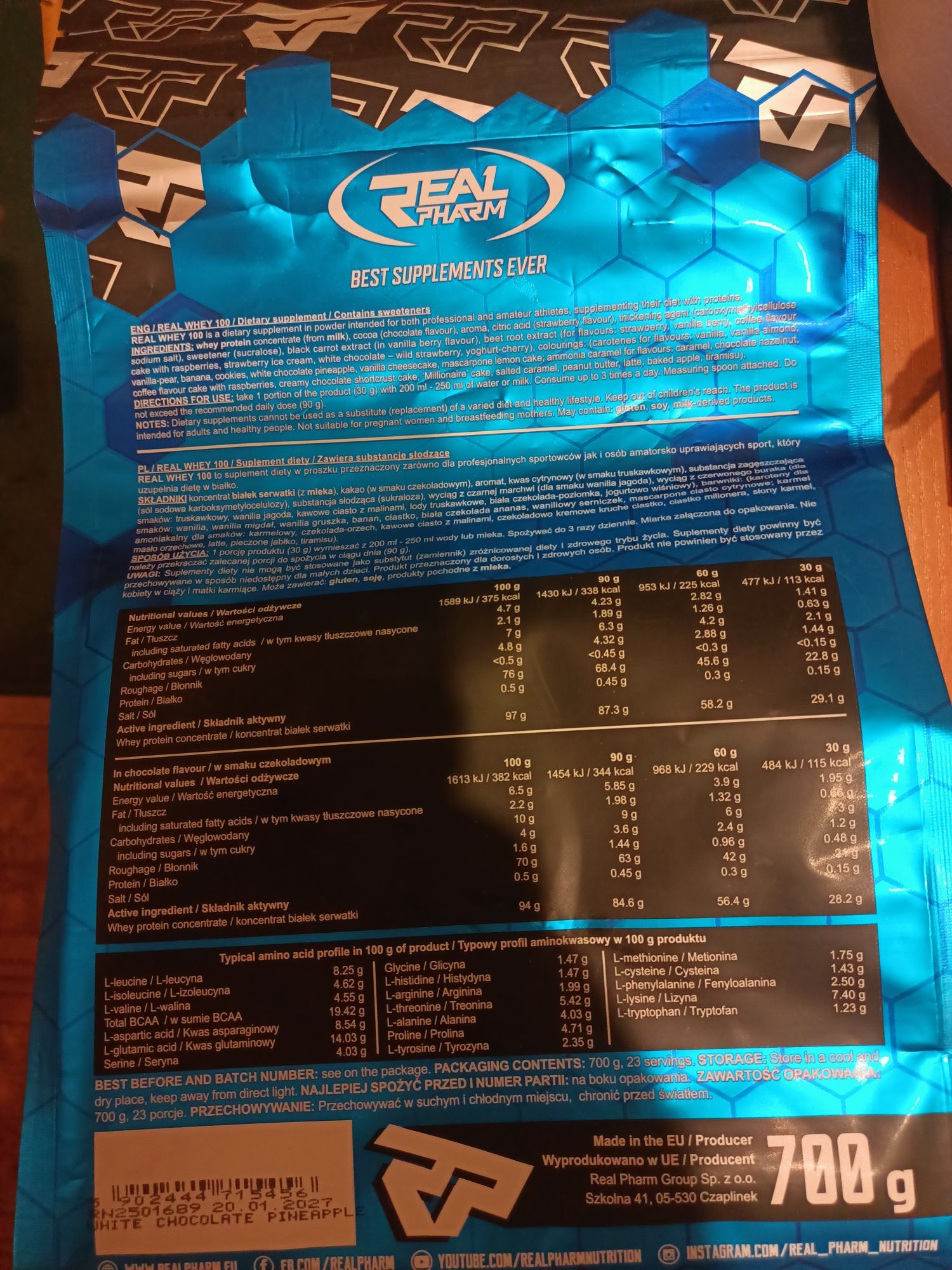 Odżywka białkowa Real whey 100 białą czekoladą z ananasem
