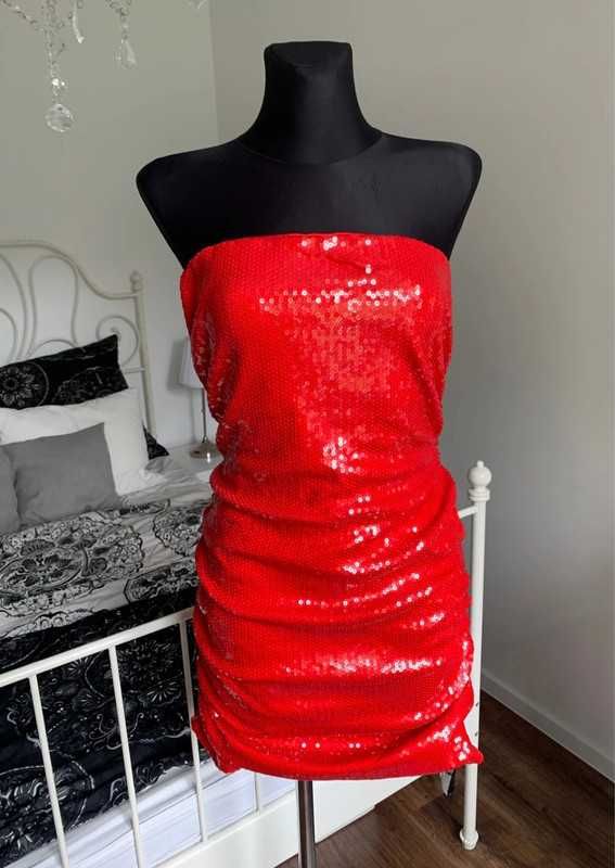 Czerwona marszczona cekinowa sukienka sequin red bandeau 40 L 38 M