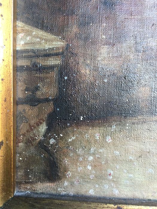 Pintura óleo assinada Brehm e datada 1903 talha dourada 58 cm