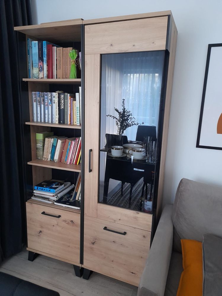 Zestaw mebli do salonu - czerń i drewno