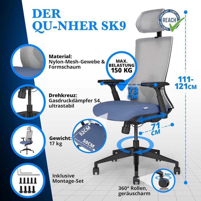 Крісло офісне ергономічне QU-Nher SK9,біле/синє, до150 кг