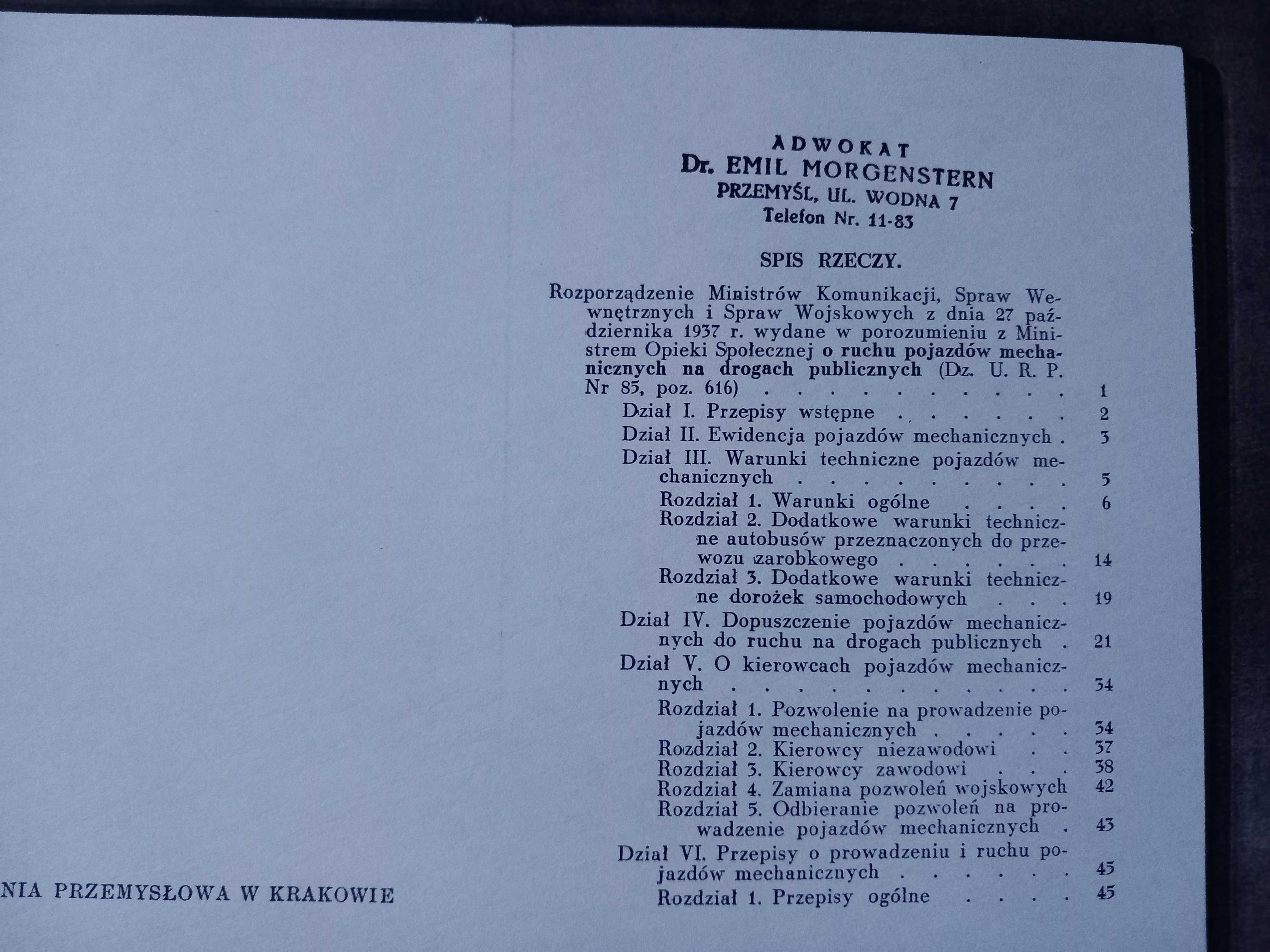 Przepisy o ruchu pojazdów na drogach 1938r. B. Frühling -kopia książki