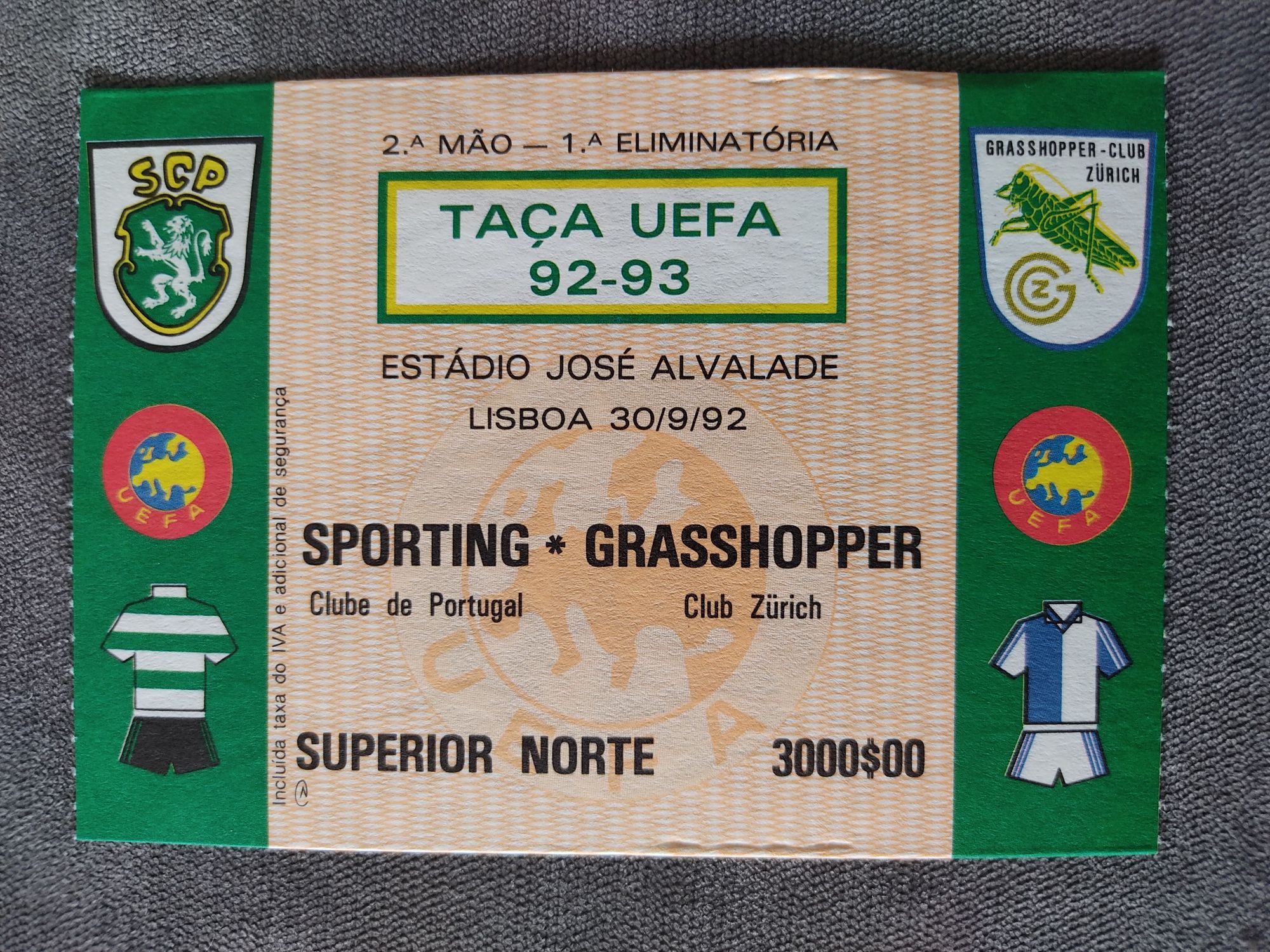 Bilhete Sporting Grasshopper 1992 UEFA