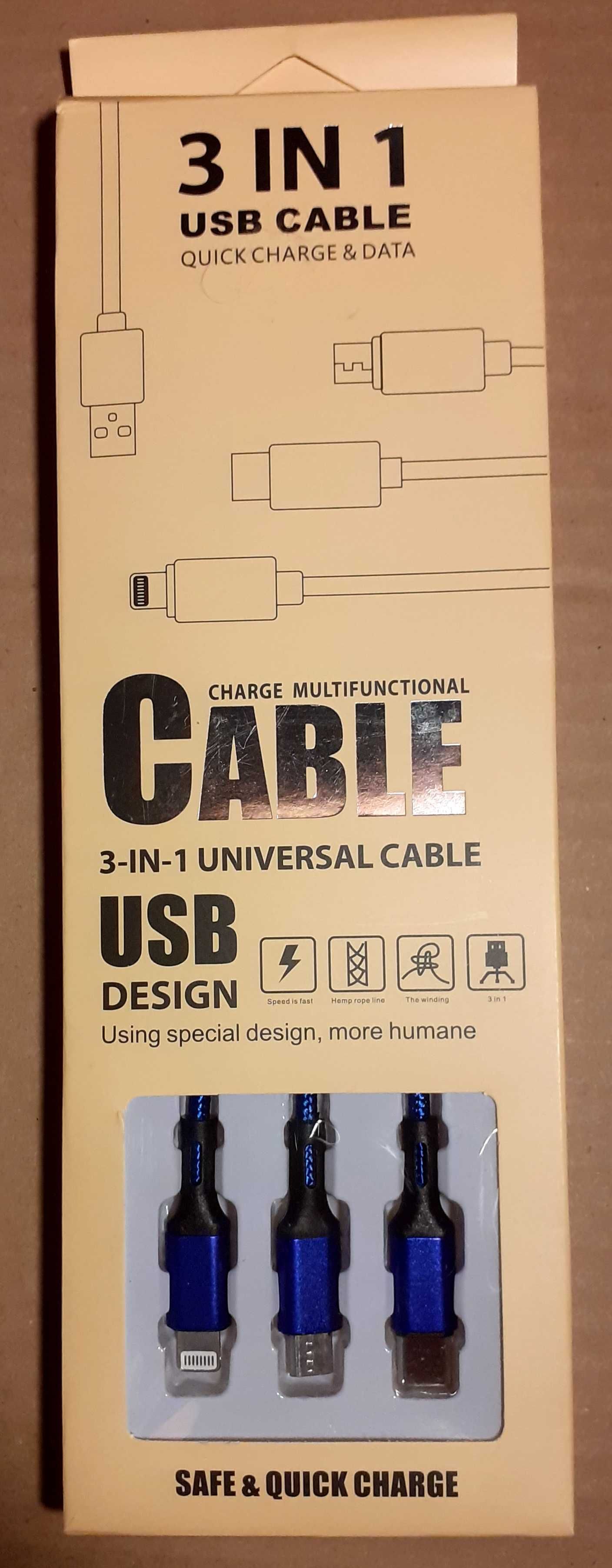NOWY (w pudełku) kabel USB 115 cm na 3 wtyki: micro USB, USB C, iPhone