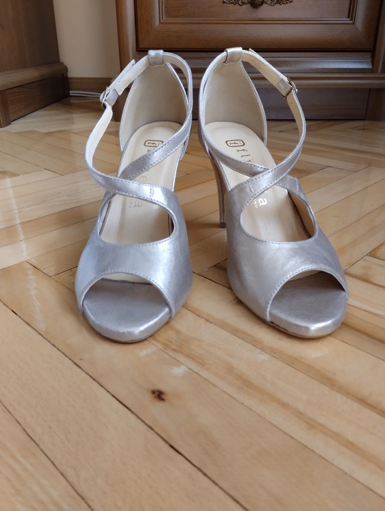 Skórzane szpilki buty na obcasie złote weselne imprezowe peep toe 36
