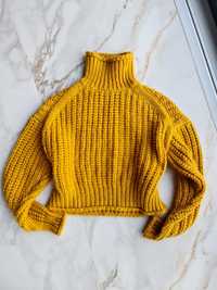H&M sweter golf musztardowy żółty ciepły prążkowany wełna XS 34