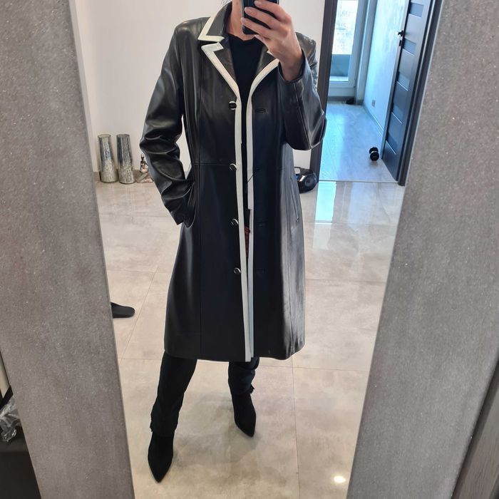 Elegancki długi Plaszcz skórzany, taliowany, z ociepleniem, M