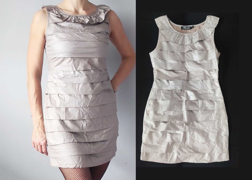 36 S 2w1 Zgrabna taliowana Sukienka Beżowa elegancka wizytowa falbany