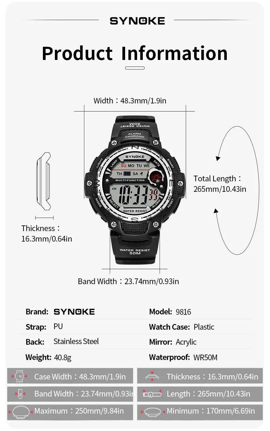 Cyfrowy zegarek elektroniczny sportowy stoper WR50 alarm gumowy pasek