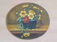 Obraz Polne kwiaty, olej na desce, owal ok. 33x29 cm PRL retro