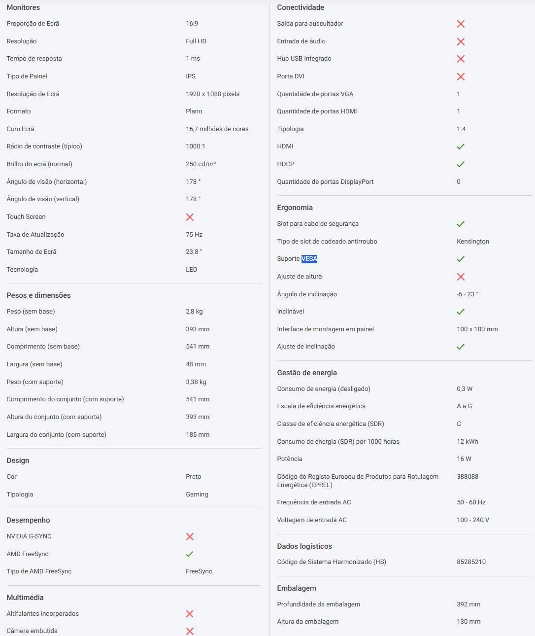 Monitor Asus VY249HE IPS 23.8" FHD 16:9 75Hz FreeSync