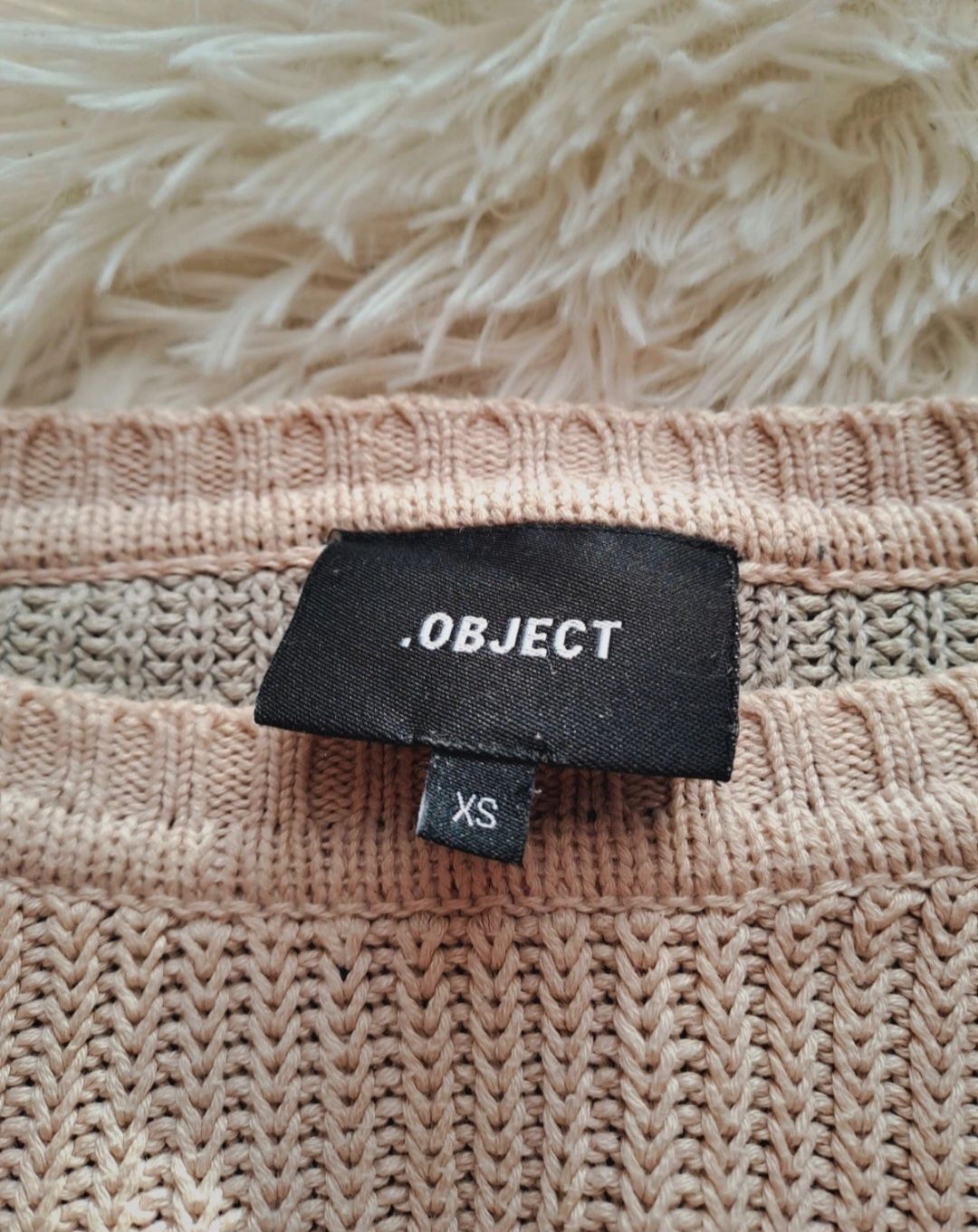 Dzianinowy Sweter Oversize | Object | Bawełna | Rozmiar XS/S | Beż Pud