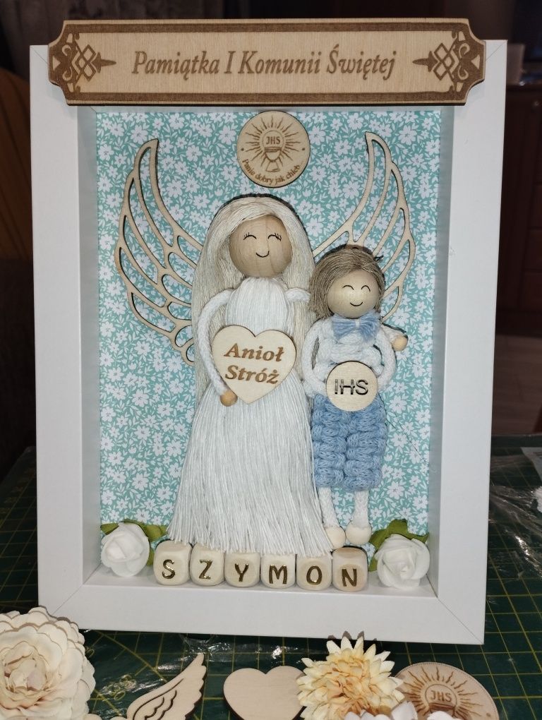 Anioł Stróż, Komunia Św., Chrzest, prezent, makrama, ramka