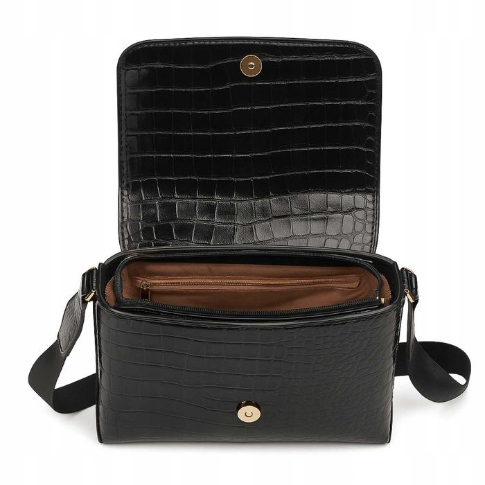 Torebka Damska Listonoszka Na Ramię Czarna Skóra Ekologiczna Zamsz