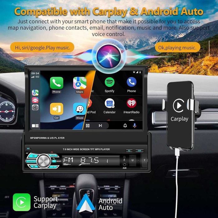 Radio samochodowe 1 Din Carplay  Bluetooth, 7-calowy wysuwany ekran