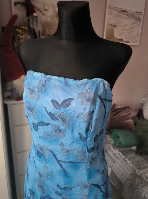 Niebieska sukienka do ziemi, sukienka bez ramiączek, r. M-XL