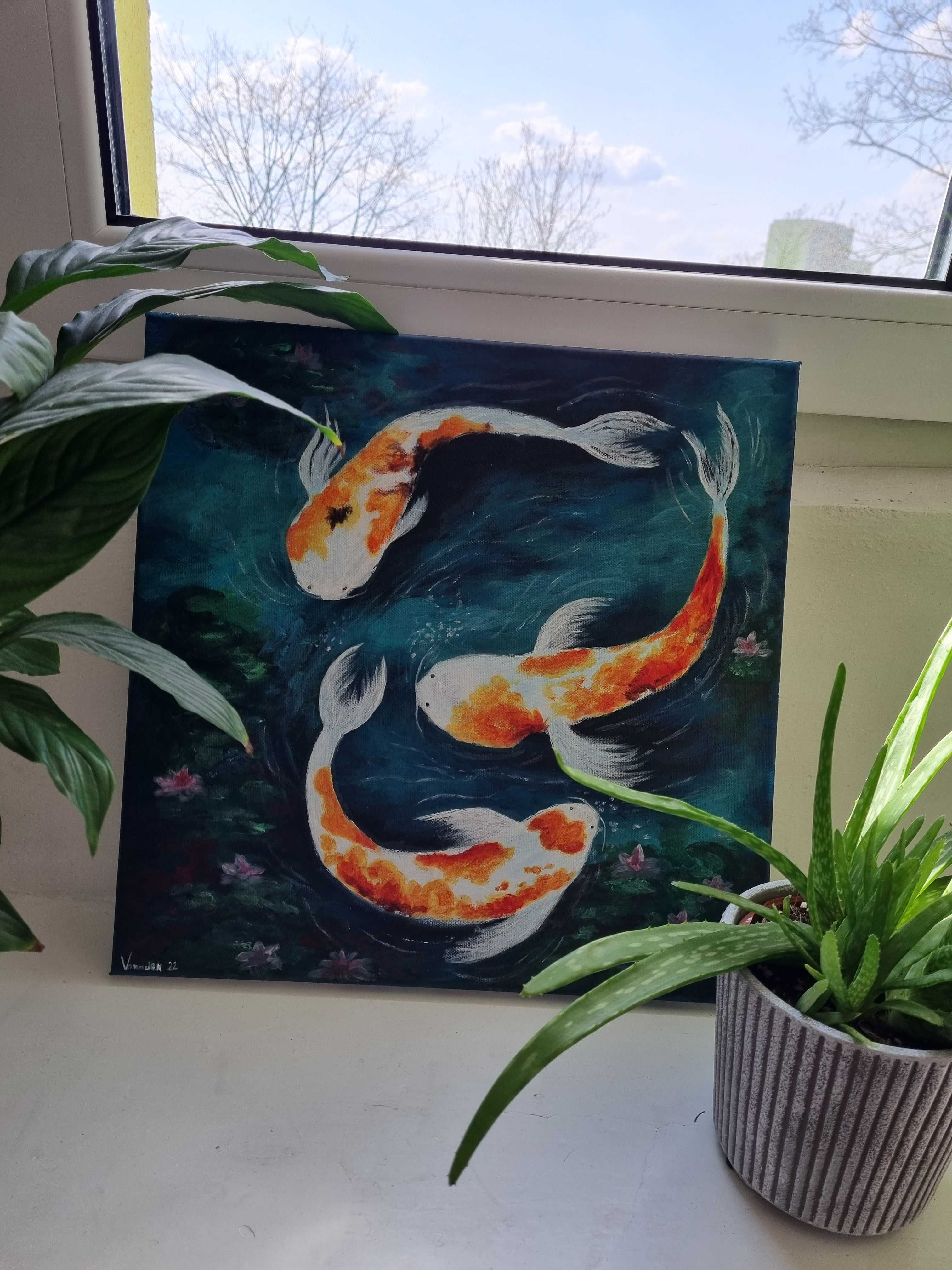 Ręcznie malowany obraz akrylowy 40x40cm "Ryby Koi"