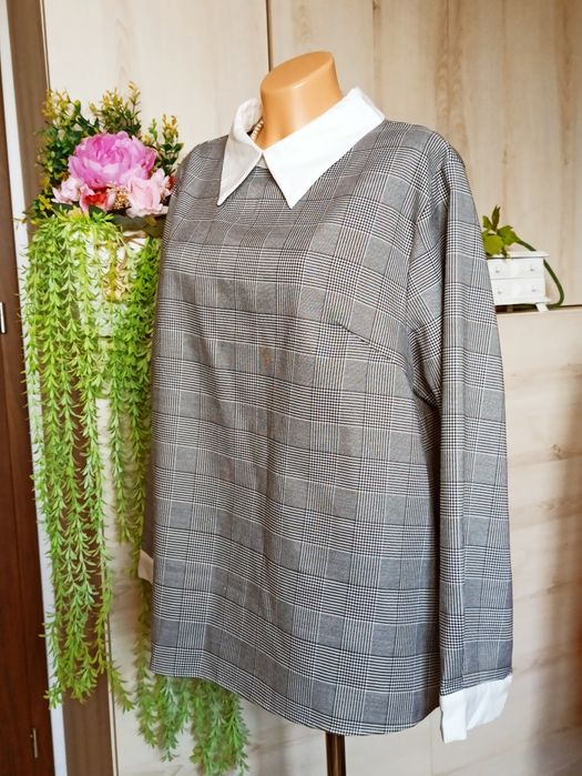 Sg Elegancka bluzka 46 , 48 z kołnierzykiem delikatną kratę stylowa ca