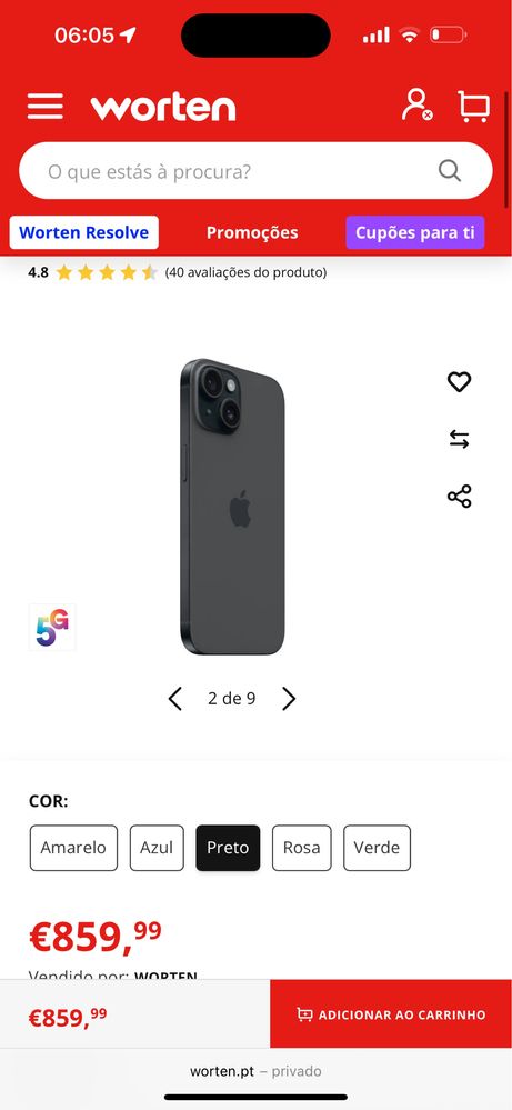 Iphone 15 novo 256gb 750€