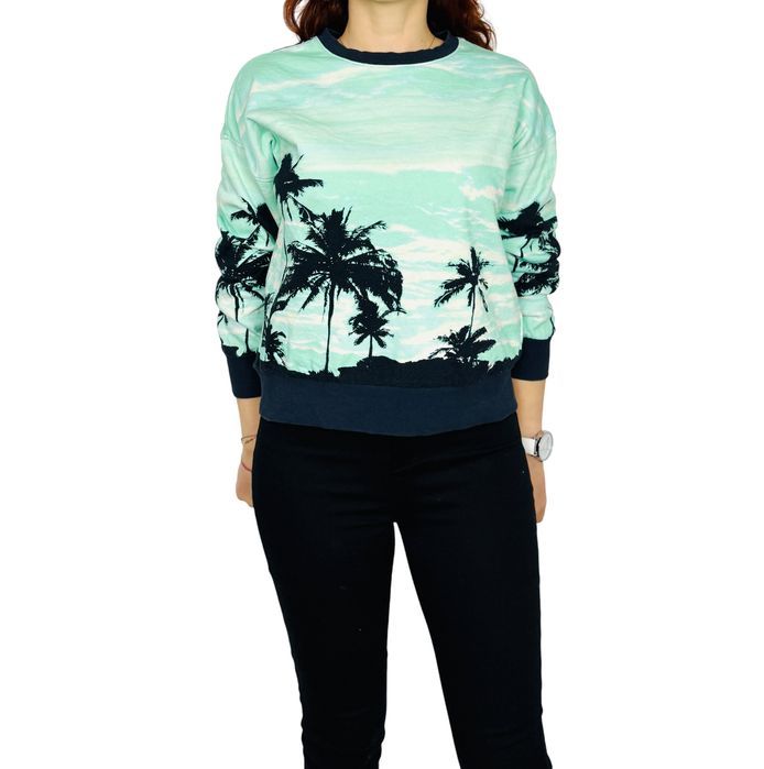 Miętowa bluza z motywem palm XS 34