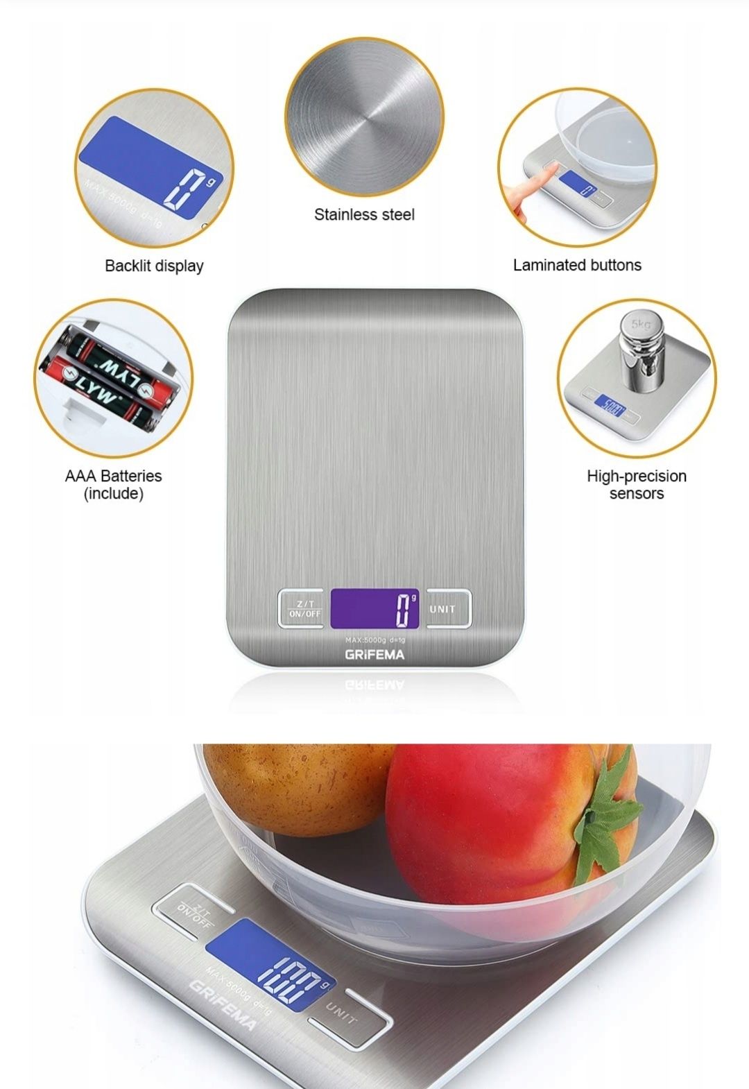 Waga kuchenna jubilerska precyzyjna GRIFEMA GA2002 1g-5kg LCD