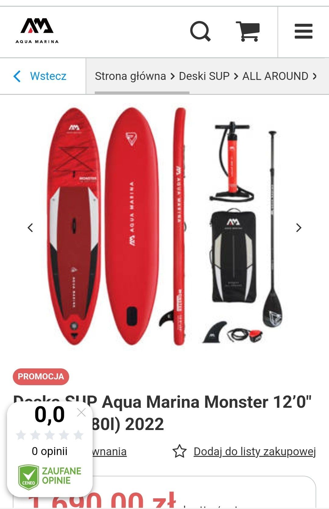 SUP 366cm  Aqua Marina Monster Bt 21   Całe komplety nowe fv Gwarancja